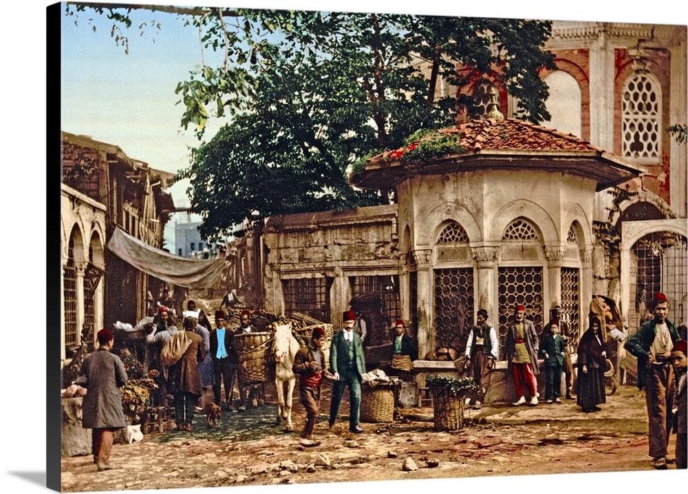 Photomechanical print of a street at Stamboul with fountain, Constantinople, Turkey. Dated 1890.