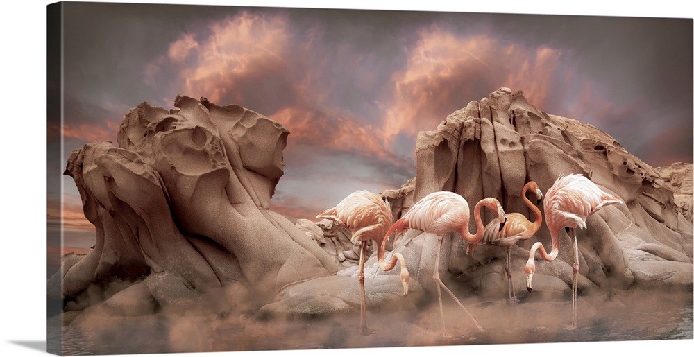 Pink flamingoes stand in shallow water in front of rugged rock formations with a dramatic sky of glowing pink clouds and m...