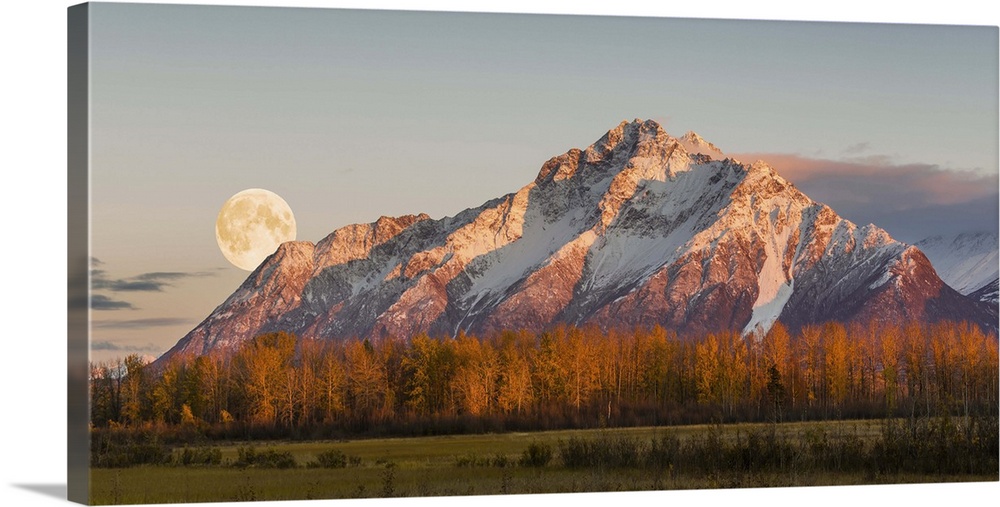 Scenic sunset view of Pioneer Peak with the full moon rising over the Palmer Hay Flats, Alaska, Autumn.