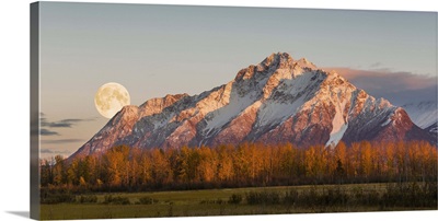 Pioneer Peak with the full moon rising over the Palmer Hay Flats, Alaska