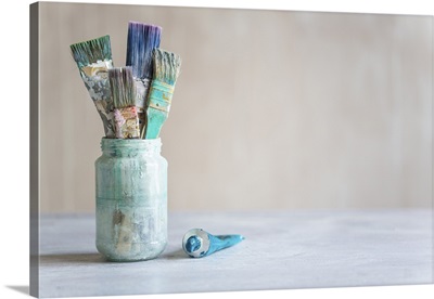 Pot Of Old Paint Brushes With Tube Of Paint