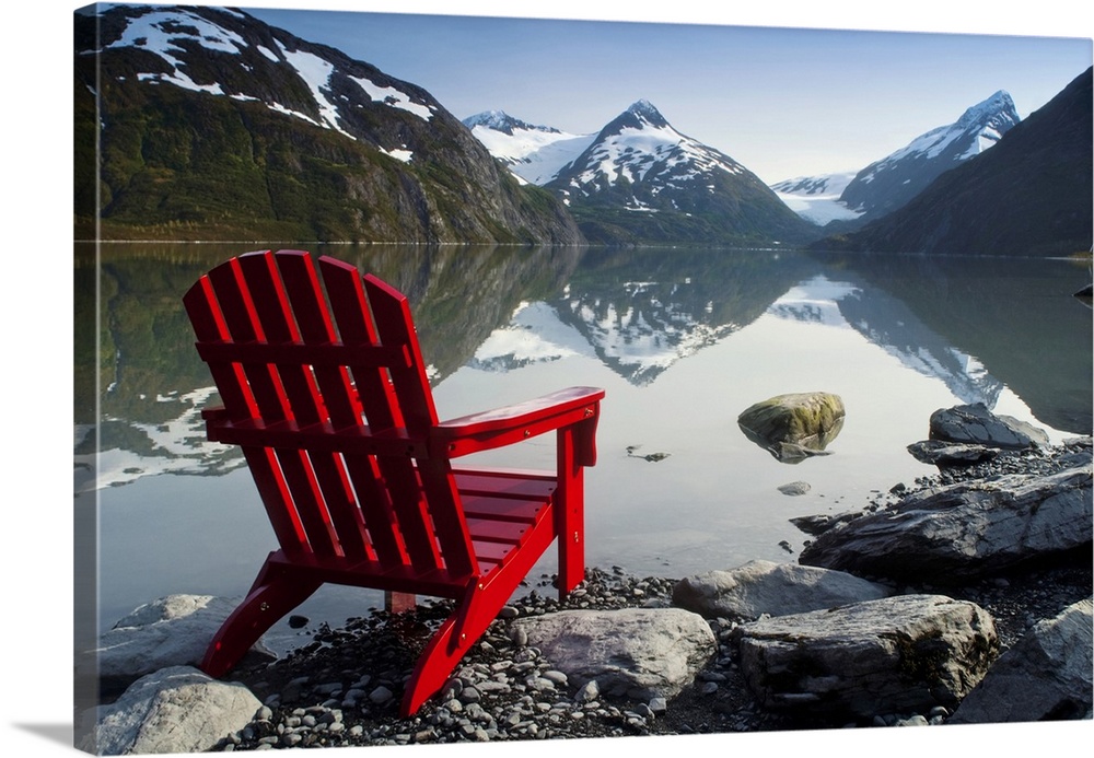 Red Adirondack Chair At Portage Lake With Chugach Mountains In The Background, Southcentral, Alaska
