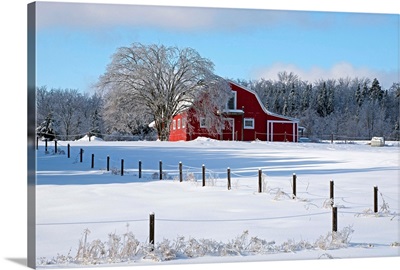 Red barn in winter, Waterloo, Quebec, Canada