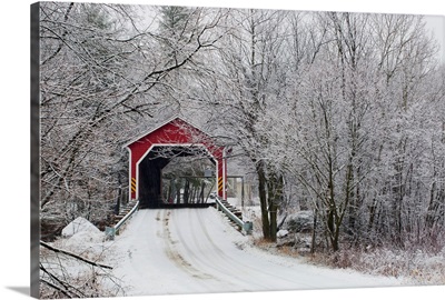 Red Covered Bridge In The Winter; Adamsville Quebec Canada