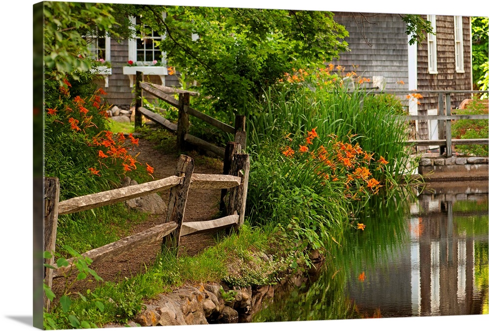 Reflections in stream and flowers in bloom at Stony Brook Grist Mill.