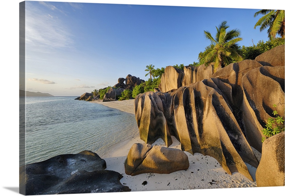 Rock Formations and Palm Trees near Sunset, Anse Source doArgent, La Digue, Seychelles