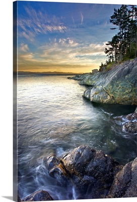 Rocky Shore At Sunset, Juan De Fuca Straight, British Columbia, Canada