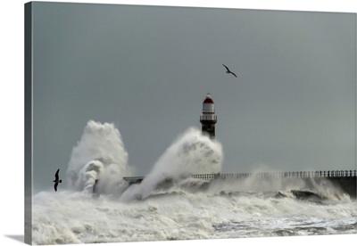 Roker Lighthouse And Waves From The River Ware, Sunderland, Tyne And Wear, England