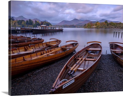 Rowing Boats On The Shore Of Derwent Water At Keswick In The English Lake District