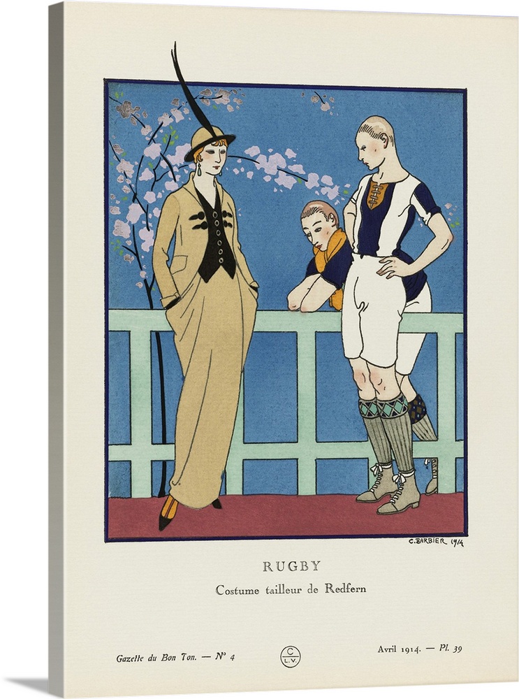 Rugby.  Costume tailleur de Redfern.  Tailored suit by Redfern.  Art-deco fashion illustration by French artist George Bar...
