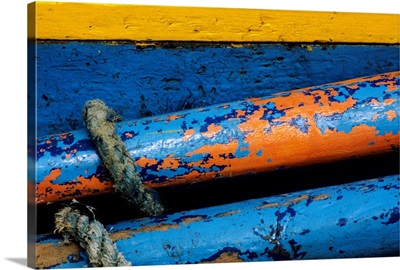 Rustic Boat Parts, Detail Of Wooden Structure And Colorful Peeling Paint