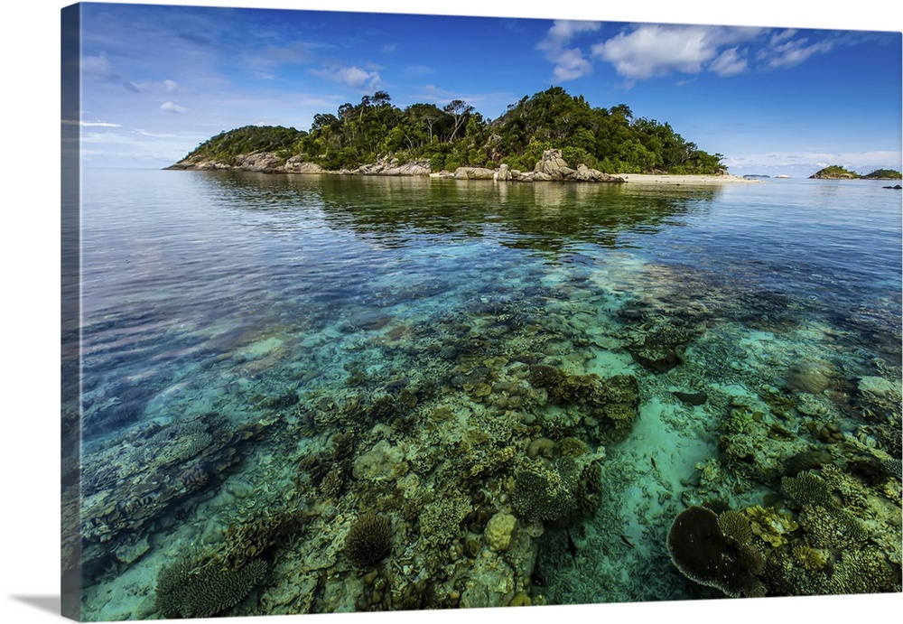 Scenic seascape of coral surrounding a tropical island.