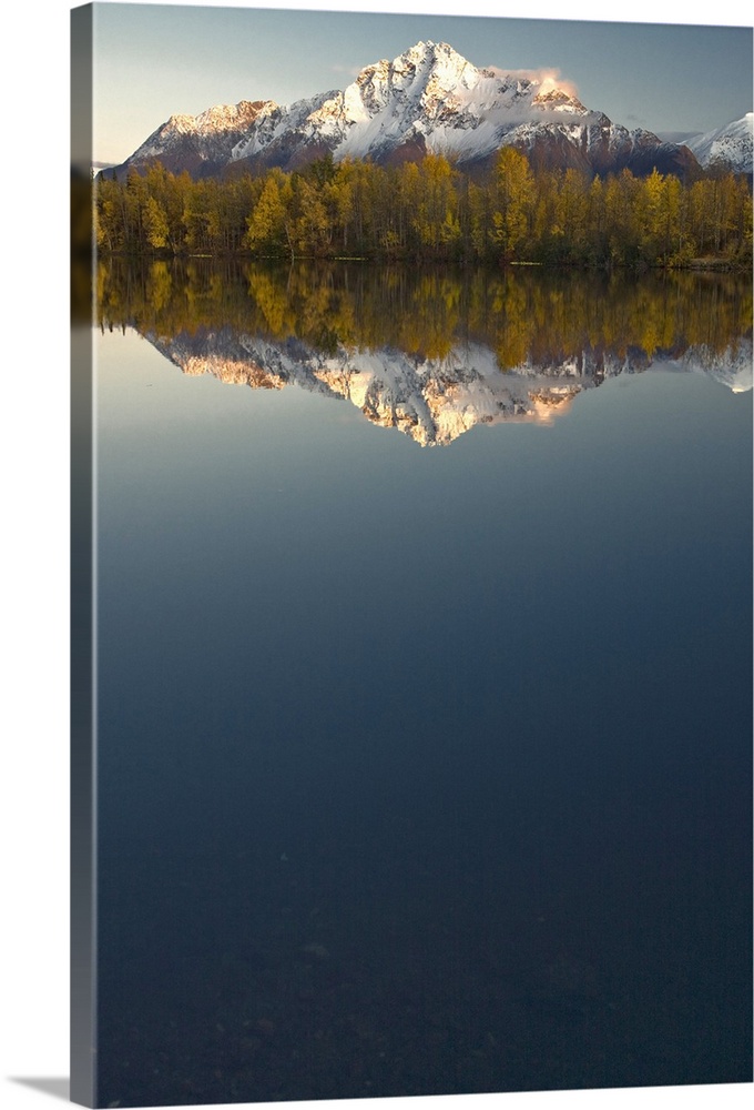 Scenic view of Pioneer Peak reflecting in Echo Lake at sunset, Southcentral, Alaska
