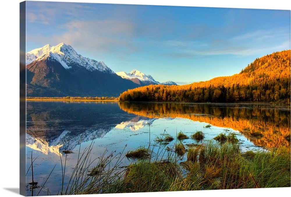 Scenic view of Pioneer Peak reflecting in Jim Lake in MatSu Valley, Alaska Wall Art, Canvas