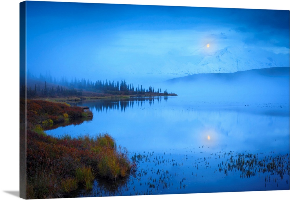 Scenic view of the moonset over Denali from Wonder Lake, Denali National Park and Preserve, Interior Alaska; Alaska, Unite...