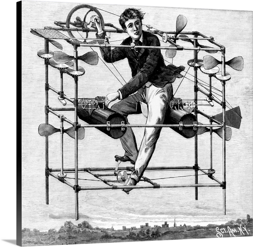 Scientific American illustration of the Flying Bedstead (W Ayers flying machine), which was pedal assisted. 1885.