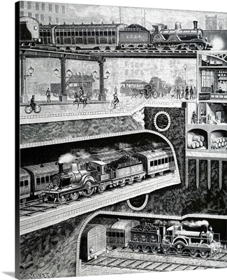 Sectional View Of London's Transport System At Queen Victoria Street, Dated 19th Century