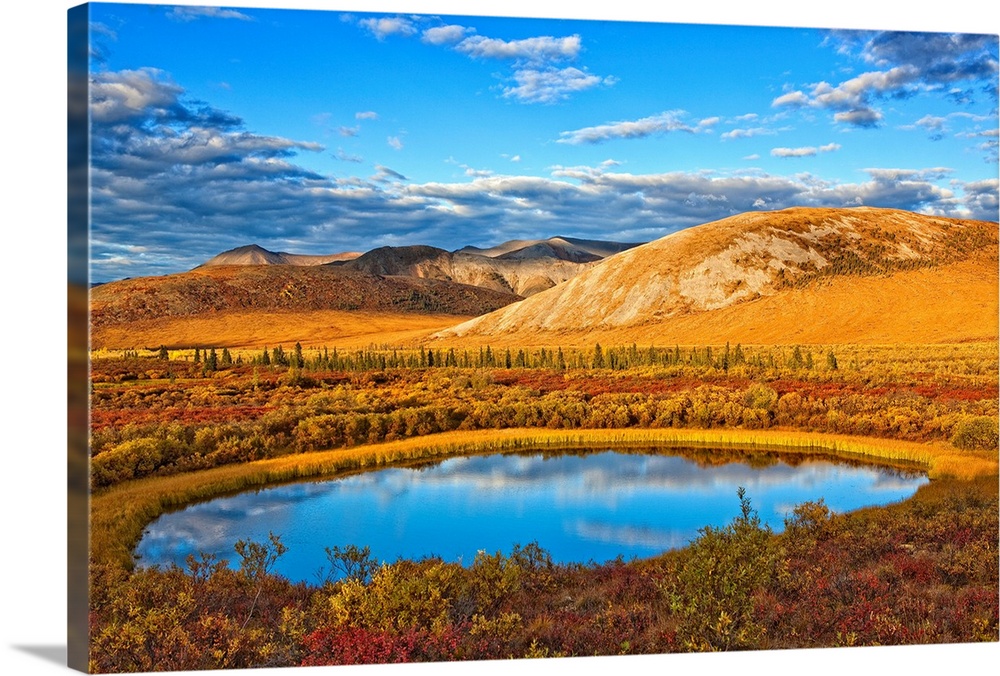 The Setting Sun Illuminates The Vibrant Colours Of The Tundra And A Pond Along The Dempster Highway; Yukon Canada
