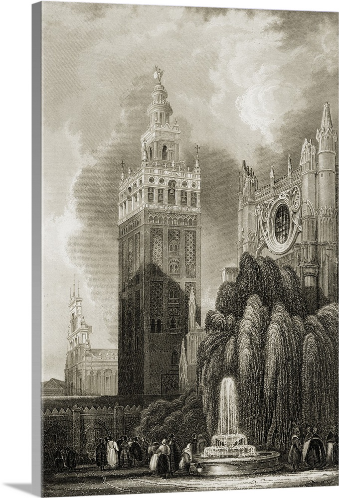 Seville, Spain, Giralda Tower, 19th Century Print. Engraved By B. Metzeroth.
