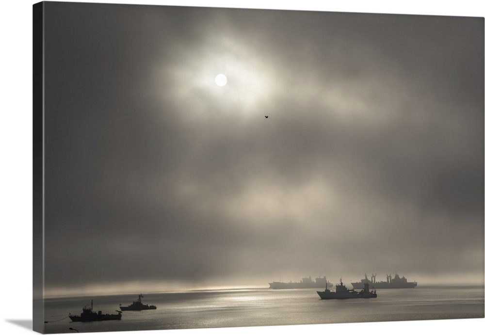 Ships in port in the fog, El Callao, lima, Peru.