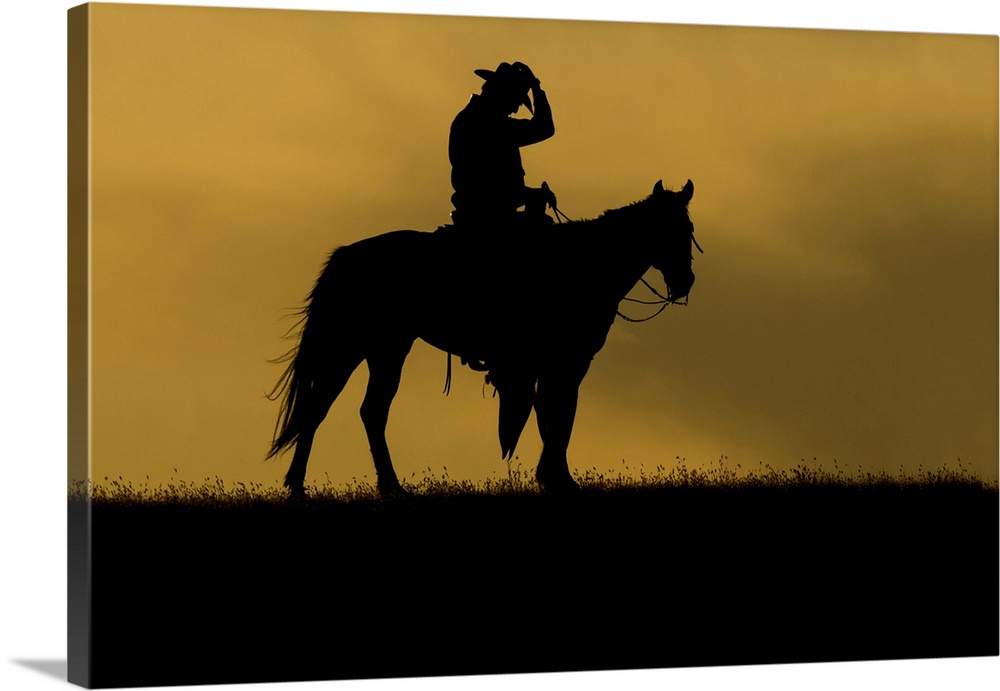 Silhouette of a cowboy on a horse against a sky of golden cloud at sunset; Montana, United States of America.