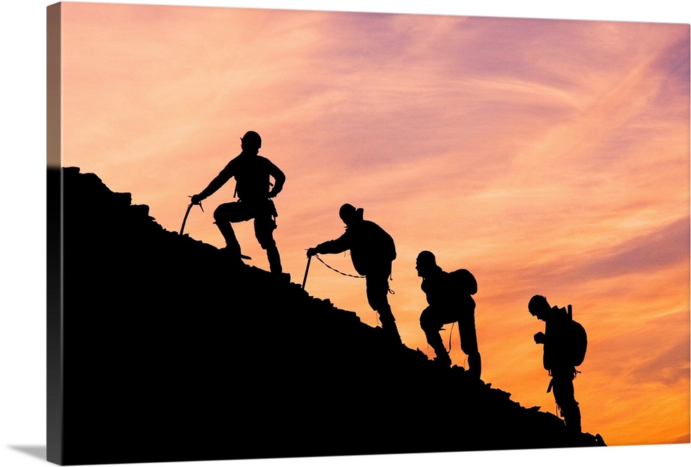 Silhouette Of Four Mountian Climbers As They Ascend Mount Ascension Before Sunrise Lost Lake Seward Alaska Kenai Peninsula...