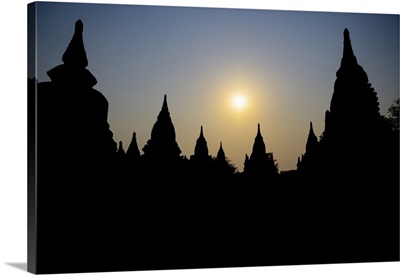 Silhouetted Buddhist Temple At Sunset, Bagan, Mandalay Region, Myanmar