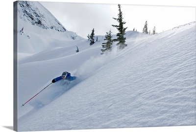 Skier Shredding Powder Below Nak Peak, Cascade Mountains, BC, Canada
