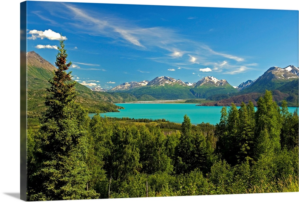 Large canvas photo art of a forest surrounding a clear lake with snowcapped mountains in the distance.