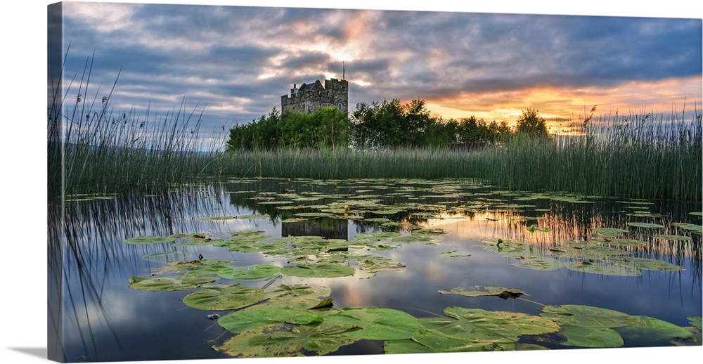 Small castle on an island on Lough Derg at sunrise in summer with lily pads floating on the lake in the foreground; Scarif...