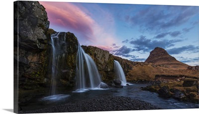 Small Waterfall With Kirkjufell In The Distance, Snaefellsnes Peninsula, Iceland