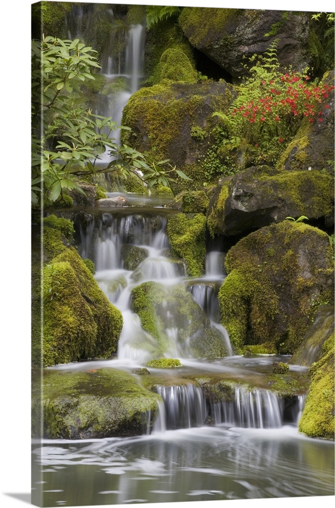 Small Waterfalls Along Moss Covered Rocks; Portland, Oregon, USA