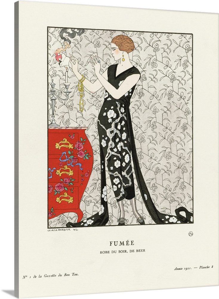 Fumee.  Smoke.  Robe du Soir, De Beer.  Evening dress by Gustav Beer.  Art-deco fashion illustration by French artist Geor...