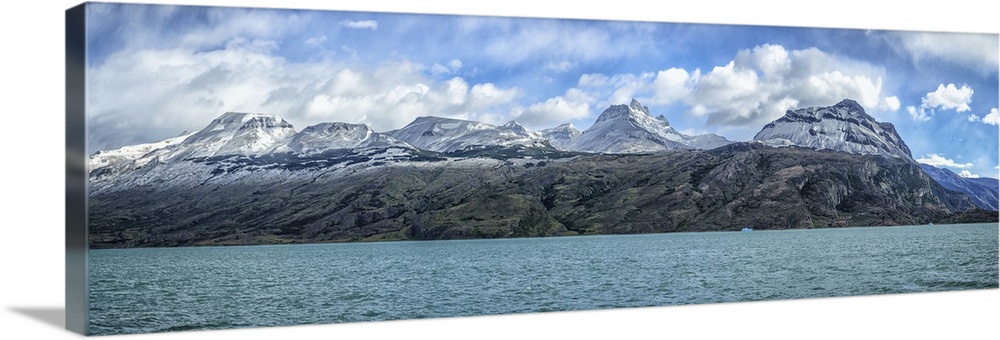 Snow capped mountains off North Branch of Lago Argentino in Patagonia, Santa Cruz Province, Argentina.