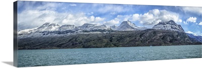 Snow capped mountains off North Branch of Lago Argentino in Patagonia, Argentina