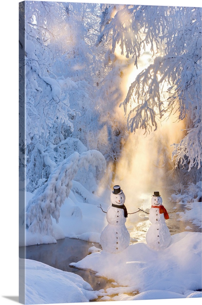 Snowman Couple Standing Next To A Stream, Russian Jack Springs Park, Anchorage, Alaska