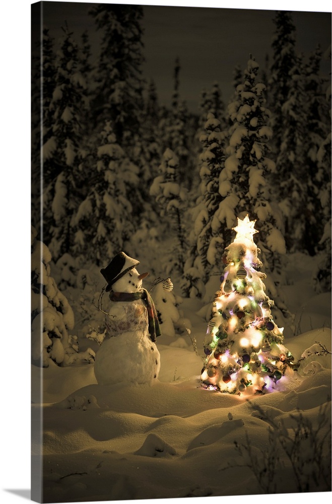 Snowman In Snowcovered Spruce Forest Next To Christmas Tree