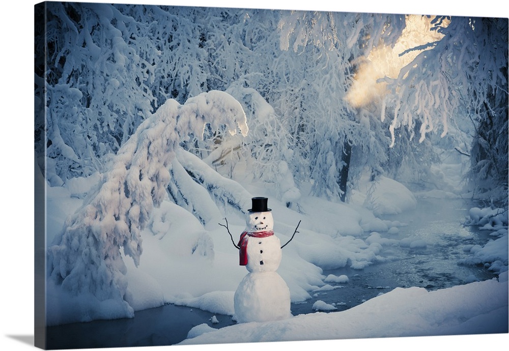Snowman Standing Next To A Stream With Fog And Hoar Frosted Trees In The Background, Russian Jack Springs Park, Anchorage,...