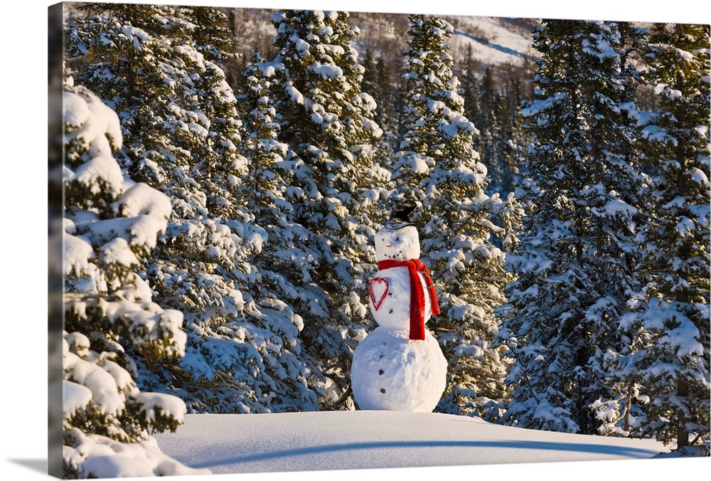 Snowman wearing a red scarf and black top hat