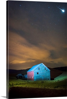Stars and constellations above a farmhouse and barn, Palouse, Washington