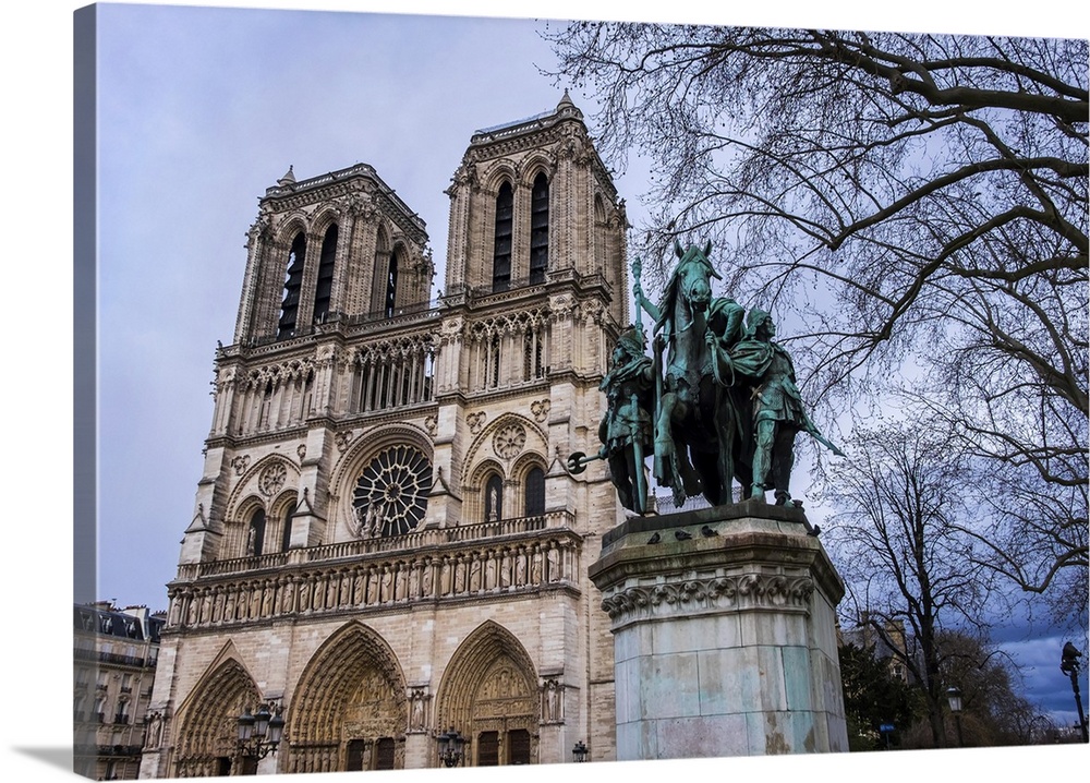Statue Of Charlemagne In Front Of The Notre Dame Cathedral; Paris, France