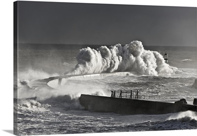 Stormy Waves Pounding Seawall, Seaham, England