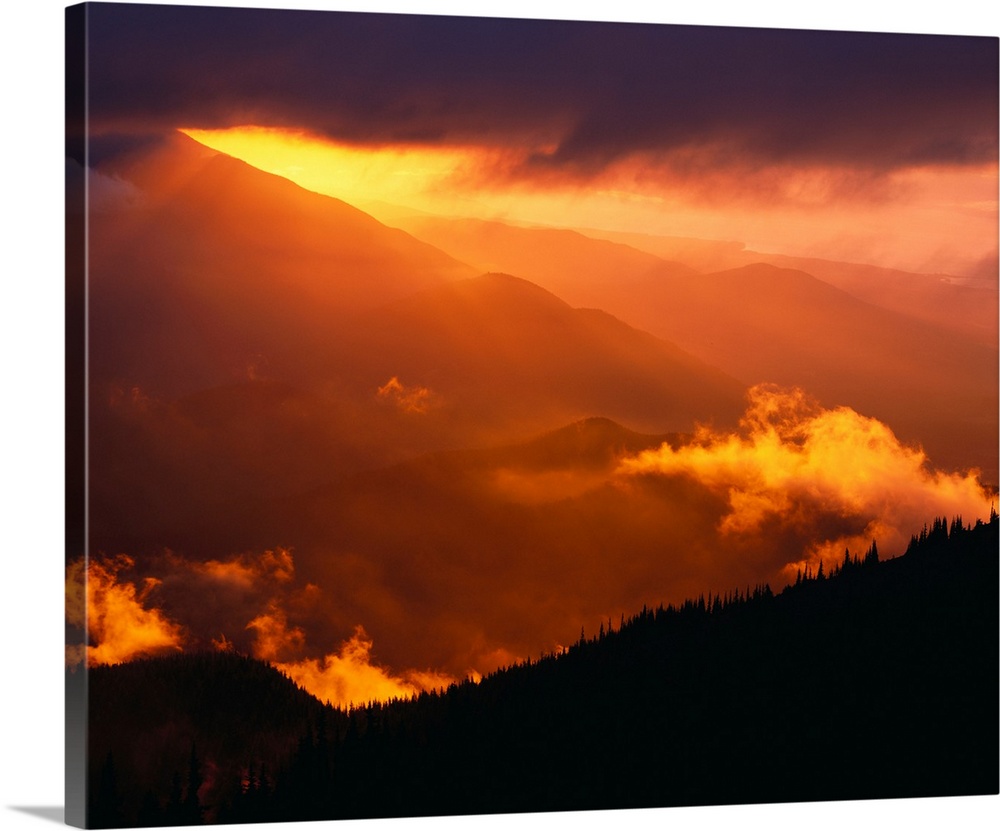 Sun setting behind mountain range, Olympic national park, Washington state, USA. Washington, united states of America.