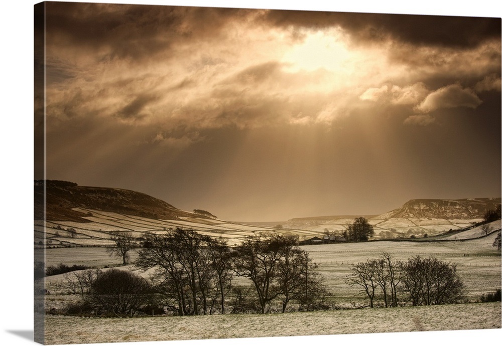 Sun Shining Over Sepia-Toned Winter Landscape, North Yorkshire, England