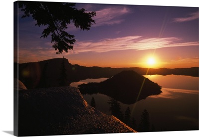 Sunrise Over Wizard Island At Crater Lake National Park, Oregon, USA