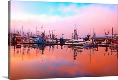 Sunrise Through The Morning Fog In Newport Harbor; Newport, Oregon, USA
