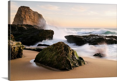 Sunset Along The Central California Coast With Waves Crashing On The Beach, Santa Cruz
