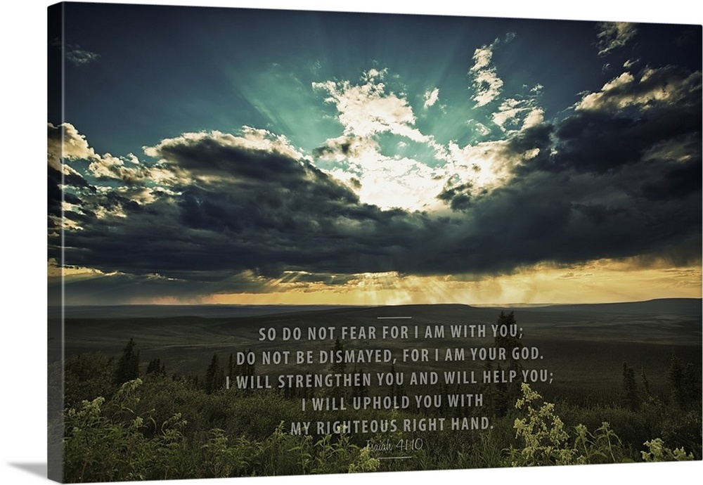 Image Of A Sunset Shining Through Dark Clouds Over A Green Landscape And Scripture From Isaiah 41:10