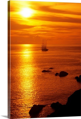 Thailand, Similan Islands, Orange Sunset Over Cruiseship On Ocean