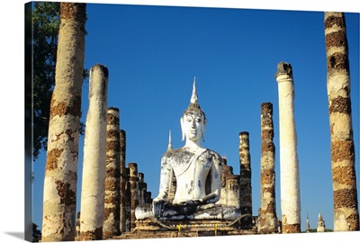 Thailand, Sukhothai, Wat Mahathat, Buddha Statue And Pillars